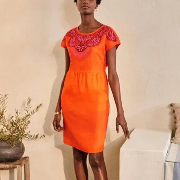 Boden Fleur Orange Pink 100% Linen Pockets Mini Dress Sundress Size 10 - Picture 1 of 7